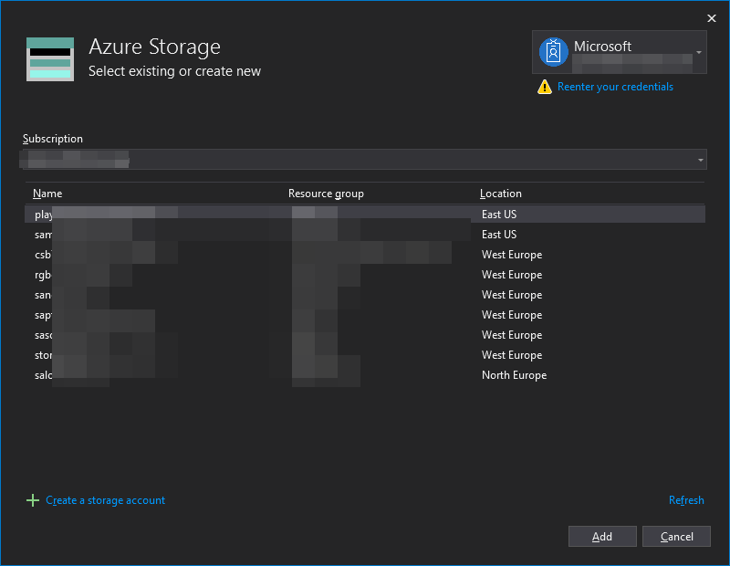 Select storage account