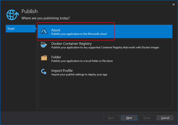 Publish - select "Azure"