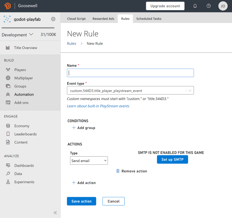 Screenshot of the New Rule UI in PlayFab